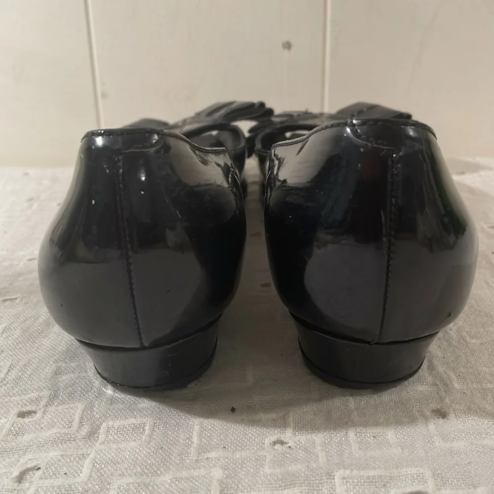 Yves Saint Laurent Black Flat Peep Toe Bow Flat Shoes - Picture 9 of 13